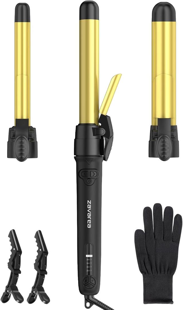 Rotating Curling Iron Set for Long Hair, Automatic Curling Wand Easy to Use Get Beach Waves 3 Interchangeable Ceramic Barrels 0.75" 1" 1.25", 5 Heat Settings up to 430F, Dual Voltage (Black)