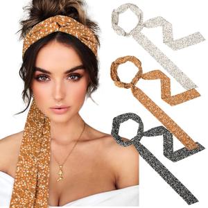 AWAYTR Women's Long Twist Knotted Chiffon Headbands - 3PCS Criss Cross Head Wraps for Thick Hair (Black+Beige+Khaki)