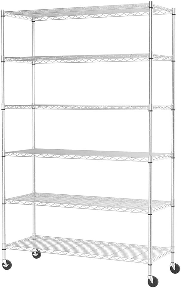 FDW 48"L18"W82"H Wire Shelving Unit Storage Cart Metal Shelf Rolling Utility Cart 2100Lbs Capacity with 6 Tier Casters Adjustable Layer Rack Strong Steel for Restaurant Garage Pantry Kitchen,Chrome