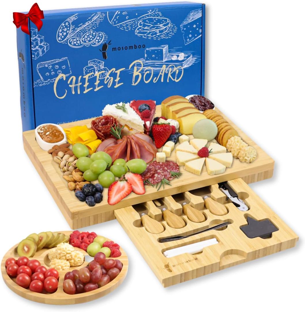 Bamboo Charcuterie Board Set, Rectangular Cheese Board, Hidden Cutlery Drawer, Perfect for Entertaining, Housewarming, Weddings Gifts