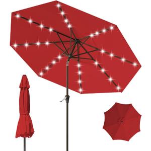 9FT Patio Umbrella with Solar Lights,Outdoor Market Umbrella with Tilt and Crank, LED Lighted Table Umbrella for Garden,Deck,Backyard,Pool,Beach (Red)