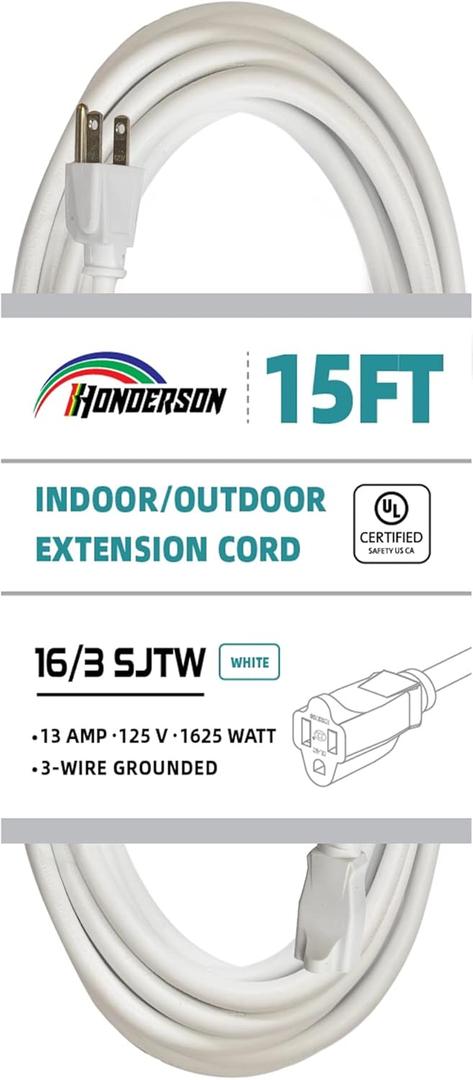 Indoor/Outdoor Extension Cord, 16 Gauge 15FT White 3 Prong Heavy Duty, Weatherproof, UL Listed, 16/3 SJTW 13A Power Cord for Outdoor Lights, Appliances, Lawn