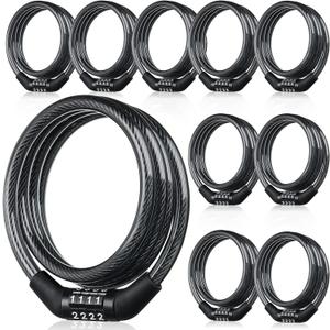 10 Pcs Bike Lock Cable with Combination, 4 Feet Coiled Preset Bike Lock High Security 4 Digit Bicycle Lock Anti Theft Bike Accessories Black Bike Cable Locks, 5/6 Inch Diameter