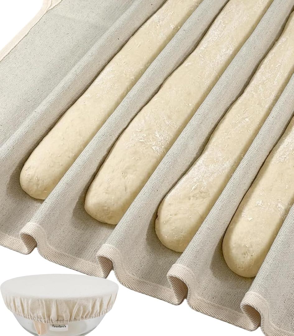 XL Bakers Couche 39x25" for French Baguette Dough Making, Linen Cotton Bread Baking Proofing Cloth and 10in Reusable Bowl Cover Set