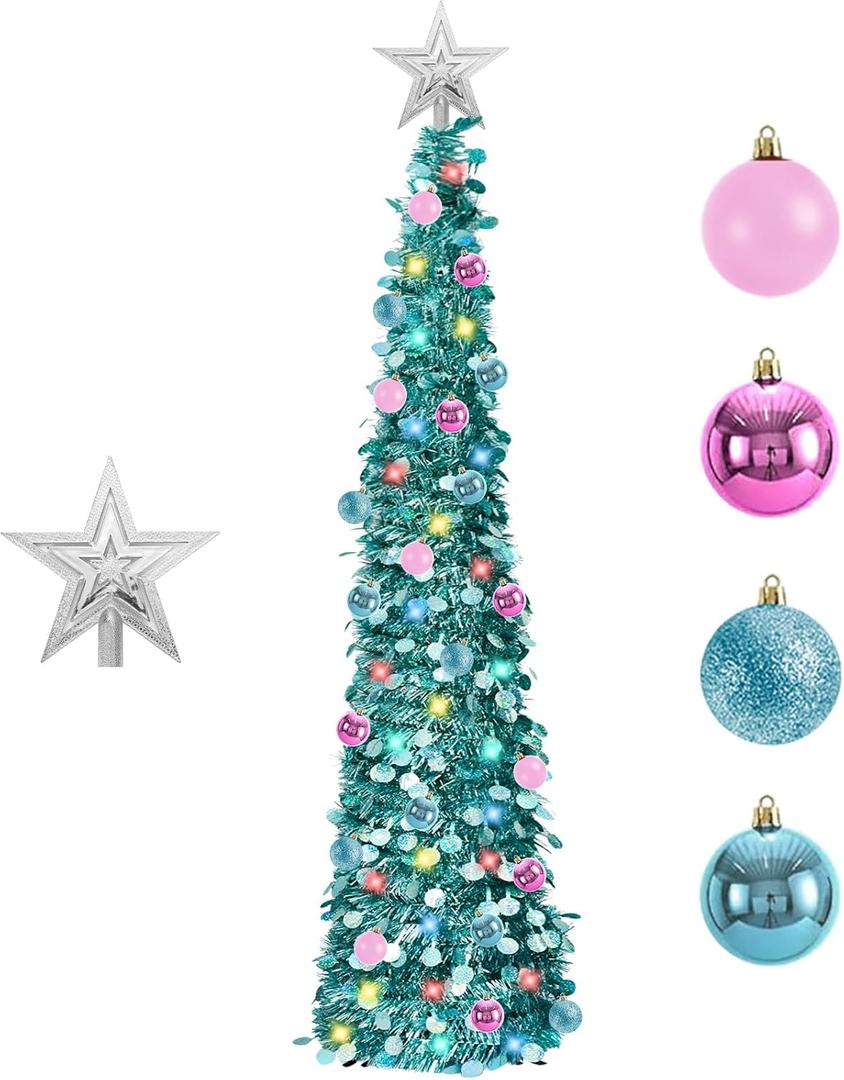 6FT Pop-Up Christmas Trees with Lights: Christmas Trees with 100 LED Lights - Collapsible Christmas Tinsel Trees Christmas Decorate for Home Apartment Room Holiday Party Inside Outside (Ice Blue)