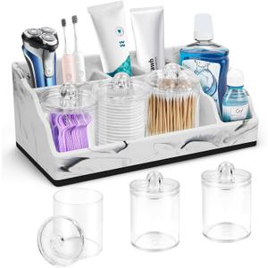 Bathroom Organizer Countertop, White Marble Toothbrush Holders for Bathrooms with 3PCS Qtip Holder Dispenser, Toothbrush and Toothpaste Holder for Bathroom Counter Organization Storage Vanity