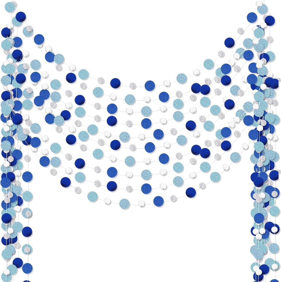 Outus 10 Pieces Silver Round Dots Garland Graduation Party Hanging Decor Each Length 13.1ft Glitter Paper Dot Streamers for Birthday Wedding Classroom Supplies (Blue)