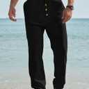 Mens Cotton Linen Pants Casual Summer Vacation Baggy Beach Pants Buttoned Elastic Waist Drawstring Yoga Trousers with Pockets Black (Black, XXL)