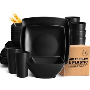 Teivio 32-piece Plastic Wheat Straw Square Dinnerware Set for 8, Unbreakable Dinner Plates, Salad Plates, Snack Bowls, Tumblers 20 oz, Dishwasher Safe, Black Matte