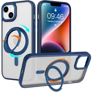 ZIYE Magnetic Case for iPhone 14 Case with Stand [Compatible with MagSafe] Slim Shockproof Military Grade Heavy Duty Cover with 360 Rotatable Ring Kickstand for Women Men, Translucent Blue