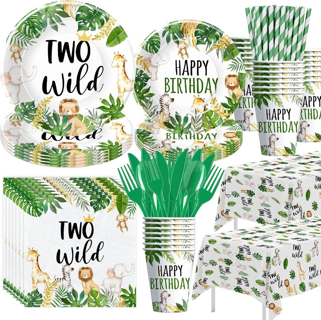 Two Wild Birthday Decorations Tableware - Jungle Animal Party Supplies For Safari 2nd Birthday Decorations, Plate, Cup, Napkin, Tablecloth, Cutlery, Straw | Serves 24