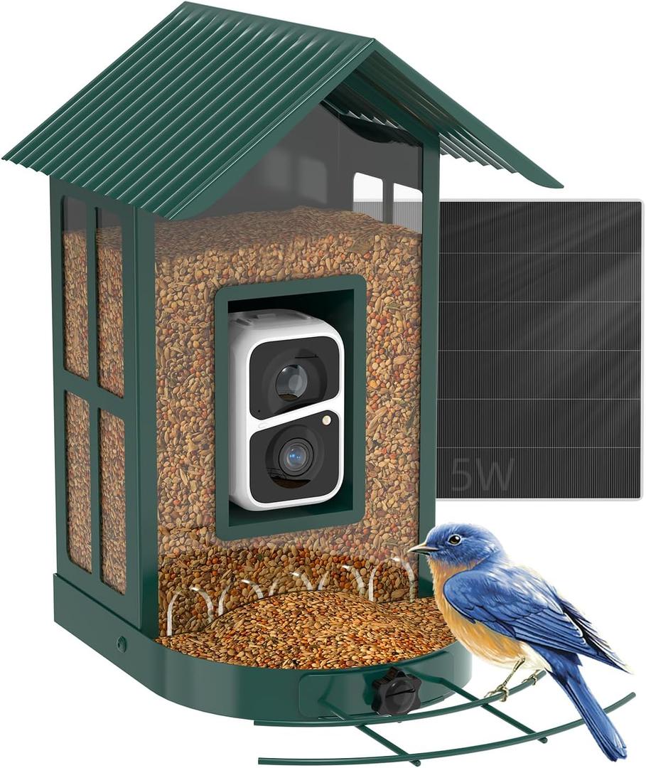 Soliom- Bird Feeder with Camera, 5W Solar Powered, AI Identify Species, Smart Wild Bird Watching, 2K Live View, Instant Arrival Alerts,Large 2.7L Seed Capacity, Metal Squirrel Chew-Proof - BF08 Green