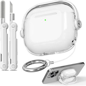 Safety Lock for Airpods 4 Case,TPU Clear Cases for Apple Airpods 4 USB-C with Cleaner Kit, Drop Protection Airpods 4 Case Cover for Men for Women with Lock and Keychain,Clear+White