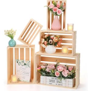 Soaoo 5 Pcs Decorative Nesting Wooden Crates for Storage Display 5 Size Large Small Rustic Wood Decorative Storage Crates with Handle Farmhouse Crate Box Container Made from Pine(Natural Color)