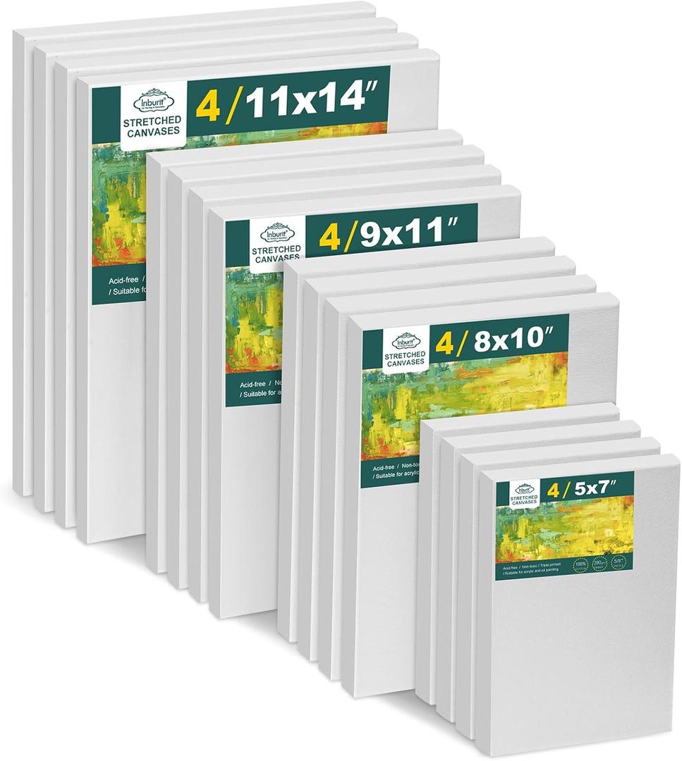 Inburit Canvas for Painting for Adults & Kids 16 Pack with 11x14, 9 x12, 8x10, 5x7 (4 of Each), Blank Primed Stretched Canvases for Oil, Acrylic & Other Painting Media