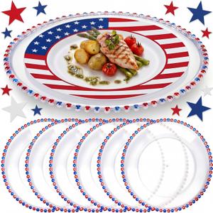 CHENGU 6 Pcs 4th of July Plate Charger Plates Patriotic Charger Plates with Red and Blue Beaded Rims Clear Acrylic Round Table Decorations for Independence Day Party Kitchen Dining Tables