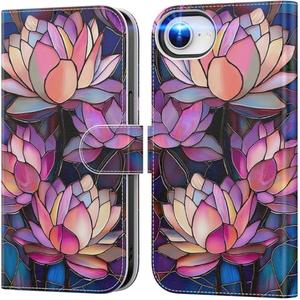 DEENAKIN for iPhone 16e Wallet Case with Card Holder + Cash Clip, RFID-Blocking, Military-Grade Drop Protection & UV-Printed Artwork, Magnetic Closure with Leather Kickstand - Blooming Lotus