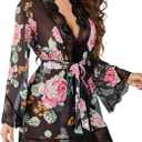 Avidlove Women Lace Kimono Robe Babydoll Sexy Lingerie Mesh Chemise Nightgown Cover Up (Small, Black Flower)