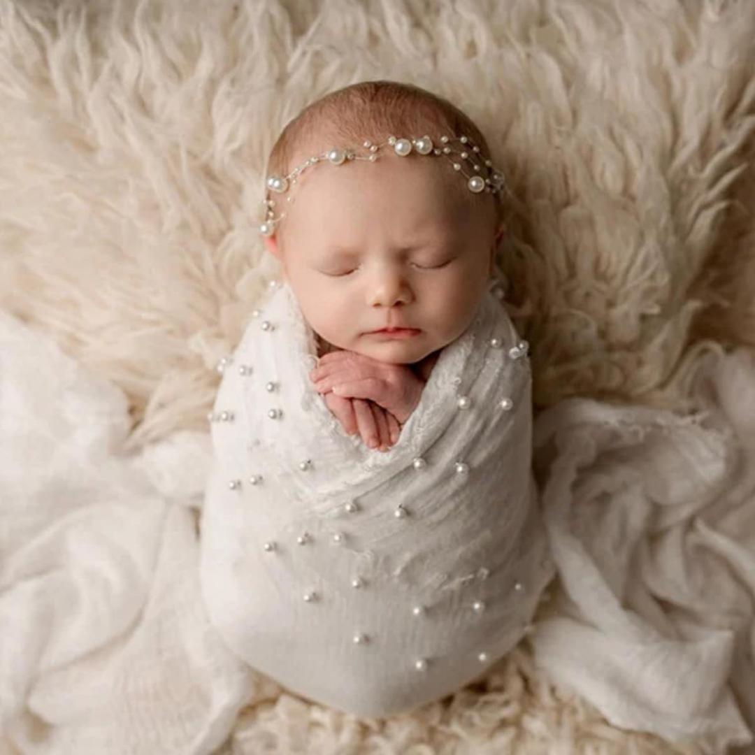 Newborn Photography Prop Wrap Infant Boy Girl Soft Fur Quilt Photographic Mat Pearl Headband Blanket Photo Prop
