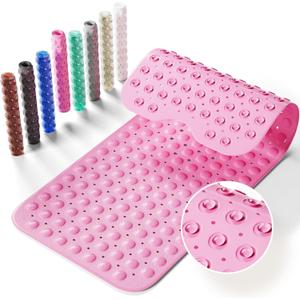 Non-Slip Bath Tub Mat, 39x16 Inch Extra Large Shower Mat with Drain Holes & Suction Cups, Machine Washable, Pink