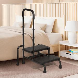 Step Stool with Handle, Medical 2 Step Stool for Elderly with Adjustable Handrail and Reinforced Leg, Bed Steps for High Beds for Adults, Seniors, Handicap, 350LBS