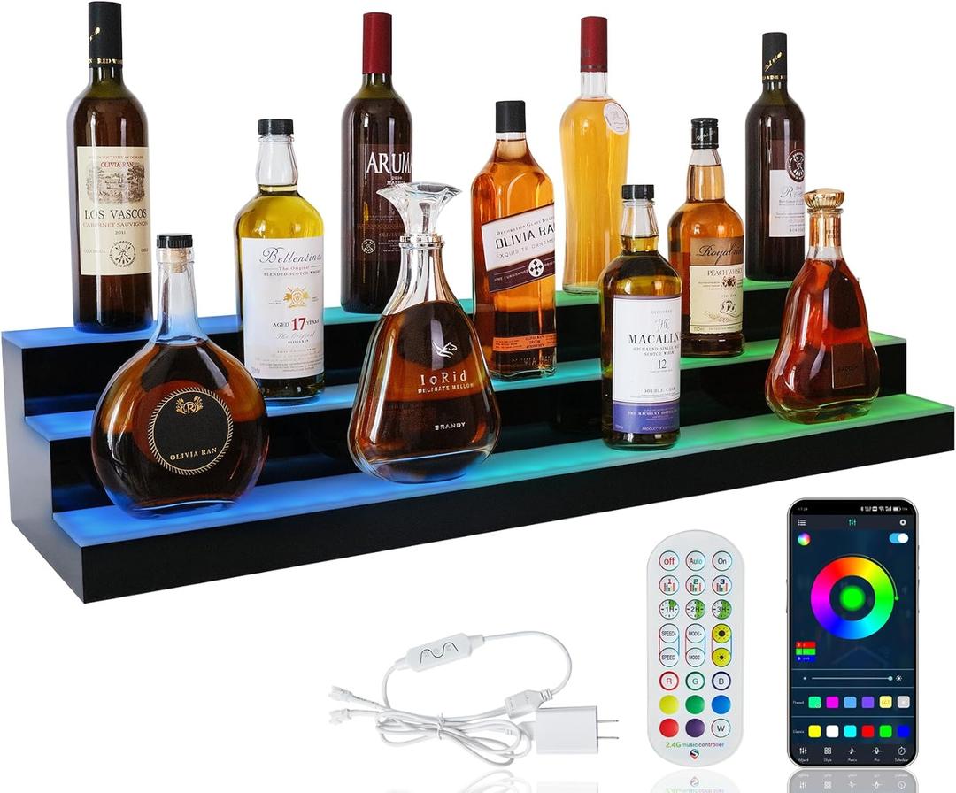 LED Lighted Liquor Bottle Display Shelf, 3 Tiers 40 Inch Bar Bottle Display Shelf with Remote and App Control for Home Bar Party Whiskey Wine Coffee Syrup Water Bottle Display