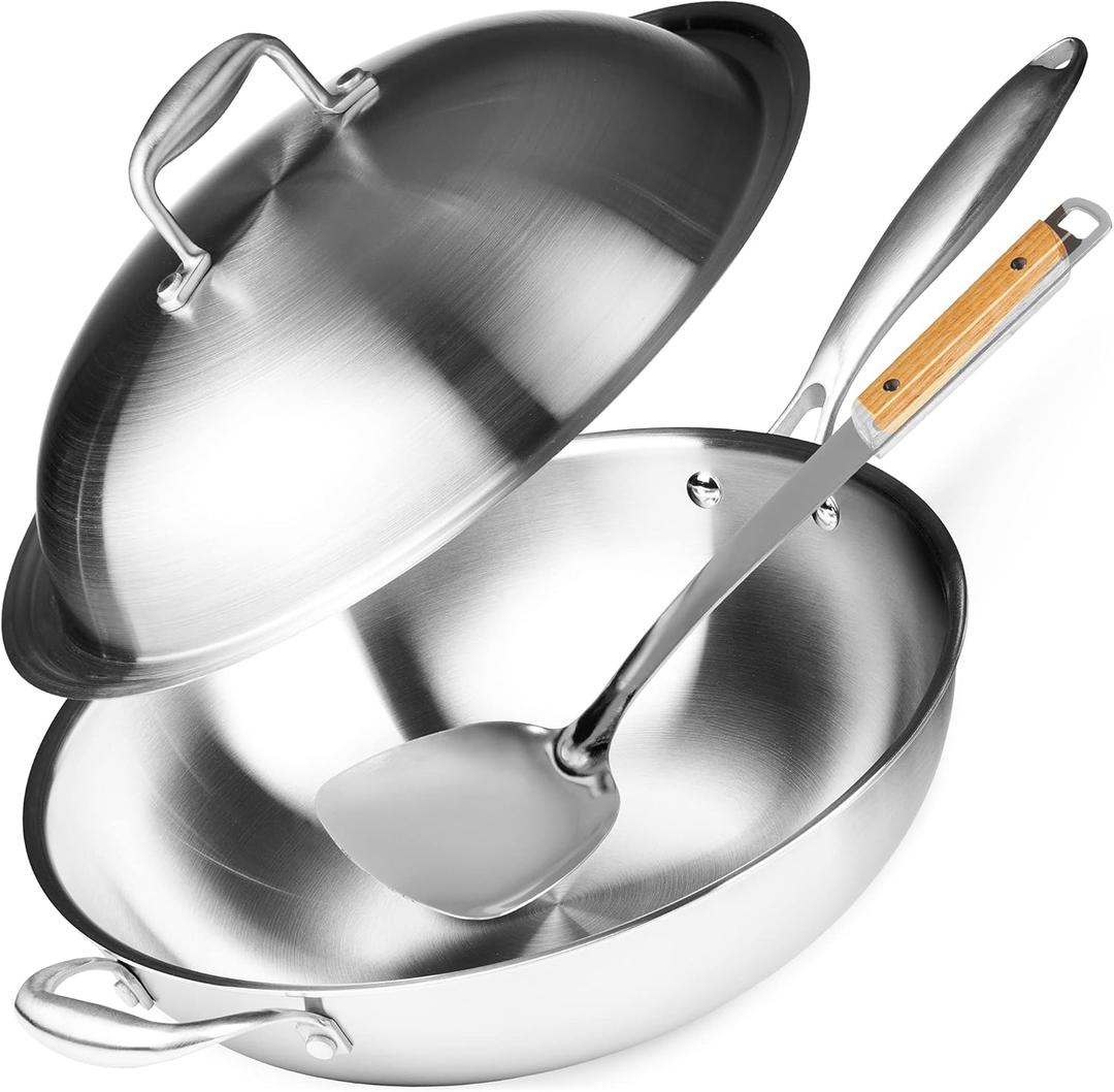 Willow & Everett Stainless Steel Flat Bottom Wok Pan, Professional Traditional Stir Fry Cookware w/Domed Lid & Spatula, Low Maintenance Rust & Scratch Resistant for Induction Gas Electric Stove Top, 13-INCH XL COOKING SURFACE