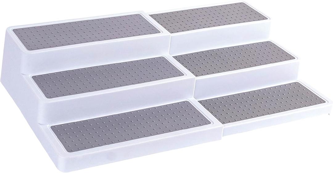 Oizeir 3Tier Expandable Plastic Spice Rack - Adjustable Length, Stability with Non-Skid Shelf, Three Tiers for Easy Visibility, Organizer for Kitchen Cabinet, Pantry or Countertop, White/Grey (1-Pack)