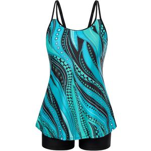 Hanna Nikole Women's Tankini Swimsuits Two Piece Tummy Control Bathing Suit Modest Swim Top with Shorts Plus Size Swimwear, Blue Ripples Large