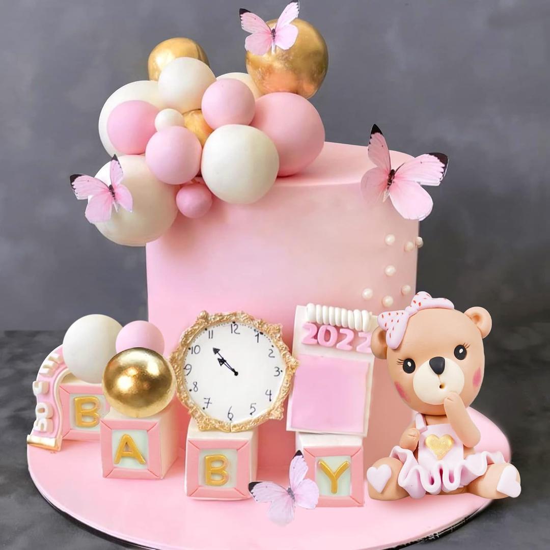 Bear Cake Toppers Mini Bear Cake Decorations Pink Letter Cake Toppers Gold Pink White Pearl Ball for Bear Theme Supplies (Pink Baby)