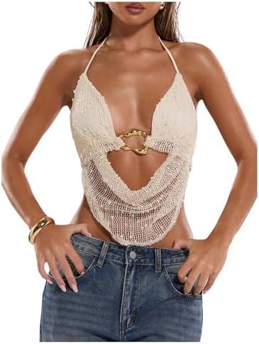 MakeMeChic Women's Y2k Crochet Halter Top Open Back Metal Ring Draped Front Summer Sequin Rave Party Going Out Tops, S