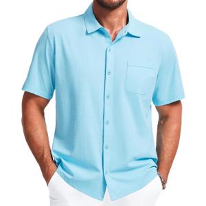 Mens Short Sleeve Dress Shirts Business Casual Button Down Shirt Summer Beach Wedding Untucked Shirts with Pocket (Blue, S)