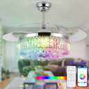 48" Crystal Ceiling Fan with Lights and Speaker,Chrome Retractable Ceiling Fans with Remote Control,RGB Fandelier Chandelier Fan with 6-Speed Reversible Blades,APP Control