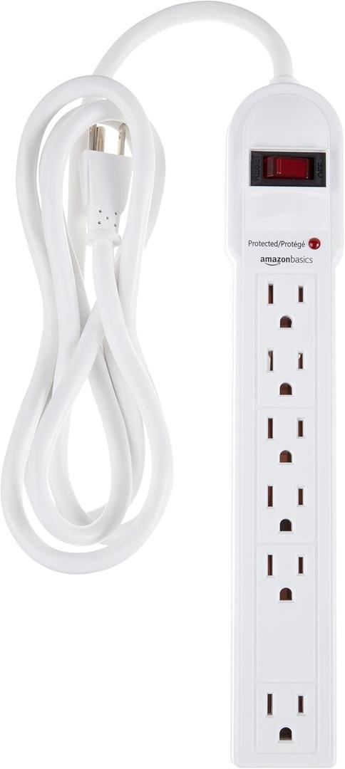 Amazon Basics Surge Protector Power Strip, 6-Outlet, 790 Joules, LED Indicator, 6ft Extension Cord, White (1 Pack)