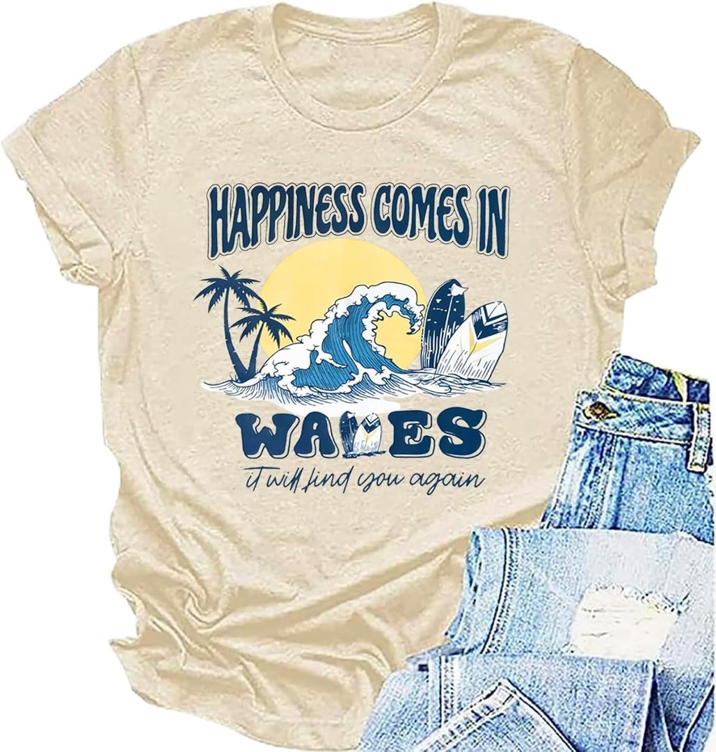 Beach Hawaiian Shirt for Women Summer Vacation Tee Surf Wave Lover Tshirt Palm Trees Graphic Casual Short Sleeve Top (Yellow, L)