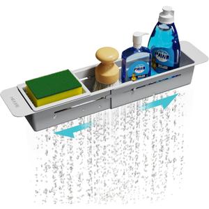 NiHome Extendable Over Sink Kitchen Organizer, Small Telescopic Brush Storage Rack for Sponge, Non-Slip Pads Expandable Sink Caddy, Adjustable Sponge/Brush Rack with Drainage Durable ABS, Grey