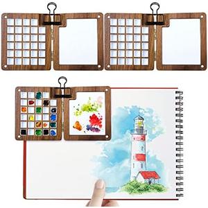 2 Pcs Portable Watercolor Palette with Clips 29 Grids Travel Watercolor Palette Walnut Wood Paint Palette Wooden Mini Paint Tray Box for Artists Outdoors Travel Sketchbook Gouache Painting Kit