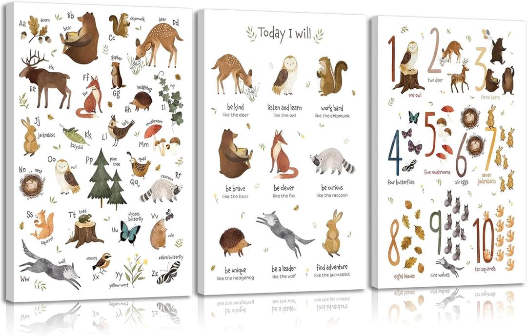3Pcs Animal Alphabet Numbers Canvas Wall Art Classroom Nursery Painting Educational ABC Poster Prints Kids Playroom Picture Positive Affirmations Animal Wall Decor for Boy Girl Room 12x16in Framed (16L" x 12W")