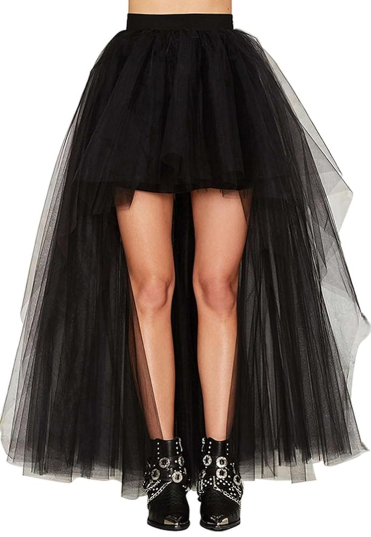 Women's Hi-Lo Long Tutu Tulle Bustle Skirt Elastic Waist Festival Party Skirt Black S