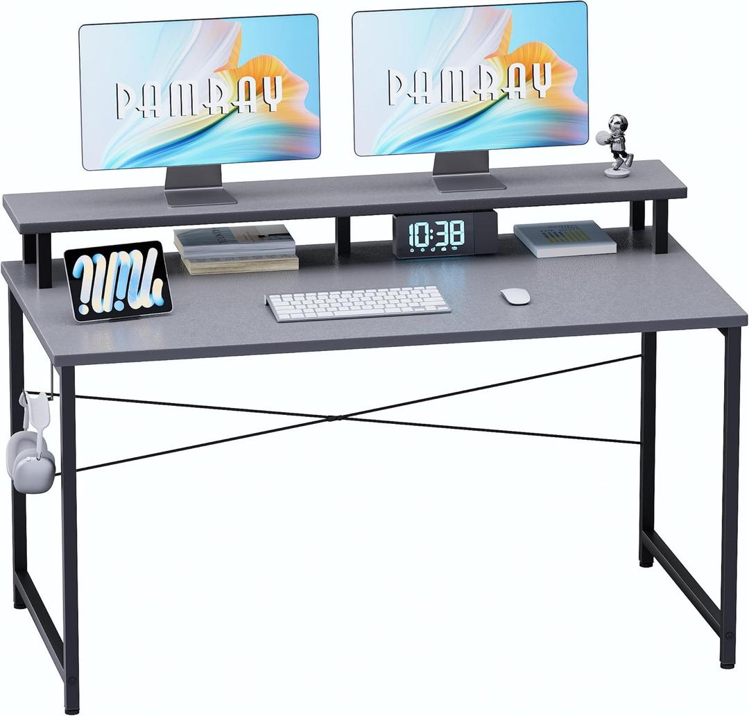 Pamray 47 Inch Small Computer Desk with Monitor Stand, Simple Office Desk with Headphone Hook for Small Spaces, Kids Study Writing Table for Bedroom, Grey
