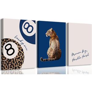 RAHUAO Navy Blue 3 Pcs Leopard Print Canvas Wall Art Cheetah animal prints 8 Ball Lucky Me pictures Trendy Wall decor Y2k aesthetics painting artwork for Apartment Dormitory College Decoration16x24in