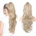 LONAI Claw Clip Ponytail Extension for Women 24 Inch Curly Wavy Clip in Ponytail Hair Extensions Pony Tail on Hair Piece (Light Blonde with White Blonde Highlight)