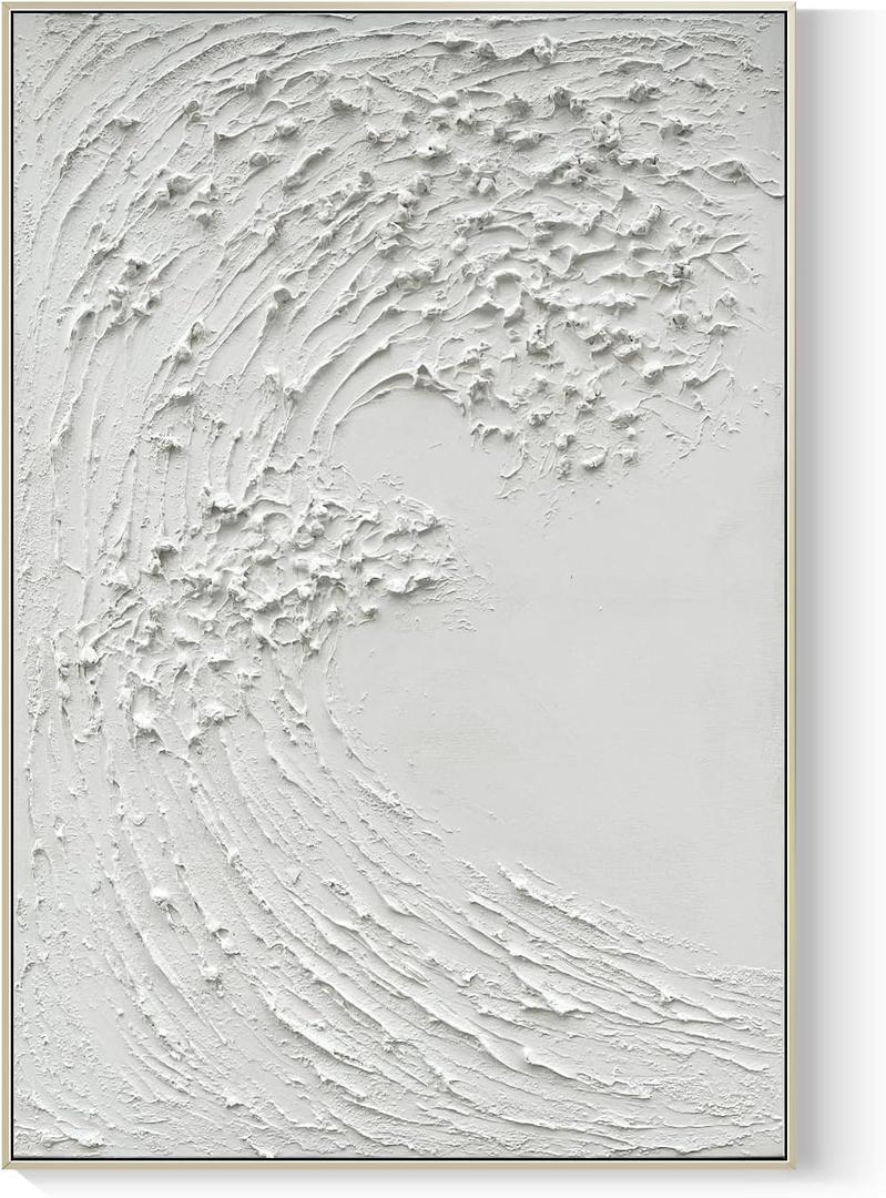 GeekMacro White Textured Wall Art - Hand Painted Ocean Waves Oil Painting Framed Large Minimalist Canvas Artwork for Living Room 45x30 Vertical Wall Decor