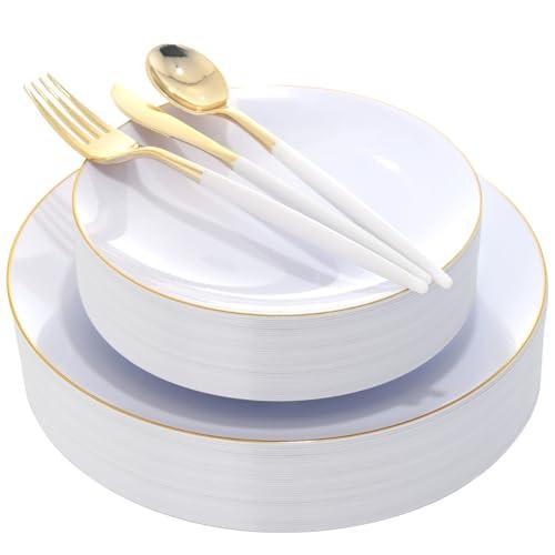 DaYammi 30 Guests Gold Plastic Plates with Disposable Silverware,Gold Cutlery with White Handle,White Disposable Dinnerware:60 Dinner/Dessert Plates,90 Plastic Silverware Set,Gold Plate for Party