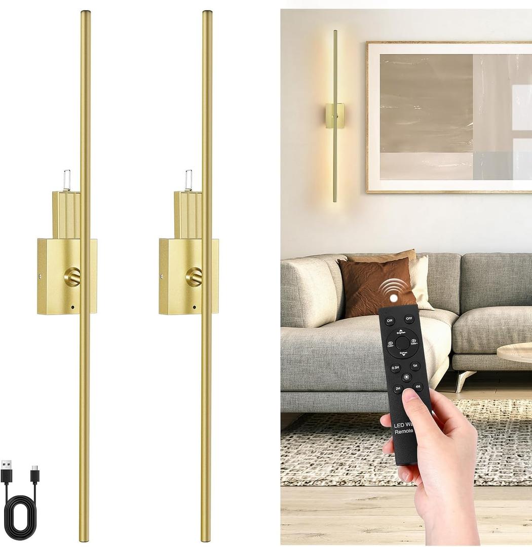 Battery Operated Wall Sconce with Remote Control, Set of Two Dimmable Battery Removable Wall Lamp, Four Color Temperature LED Rechargeable Wireless Wall Sconce, 31.5 in Wall Light for Bedroom, Hallway (Gold)