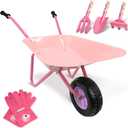 Kids Wheelbarrow Set Metal, Pink Child Wheel Barrel and Kids Gardening Tools Toddler, Garden Toys with Small Wheel Barrow, Outdoor Indoor Toys Gift for Girls