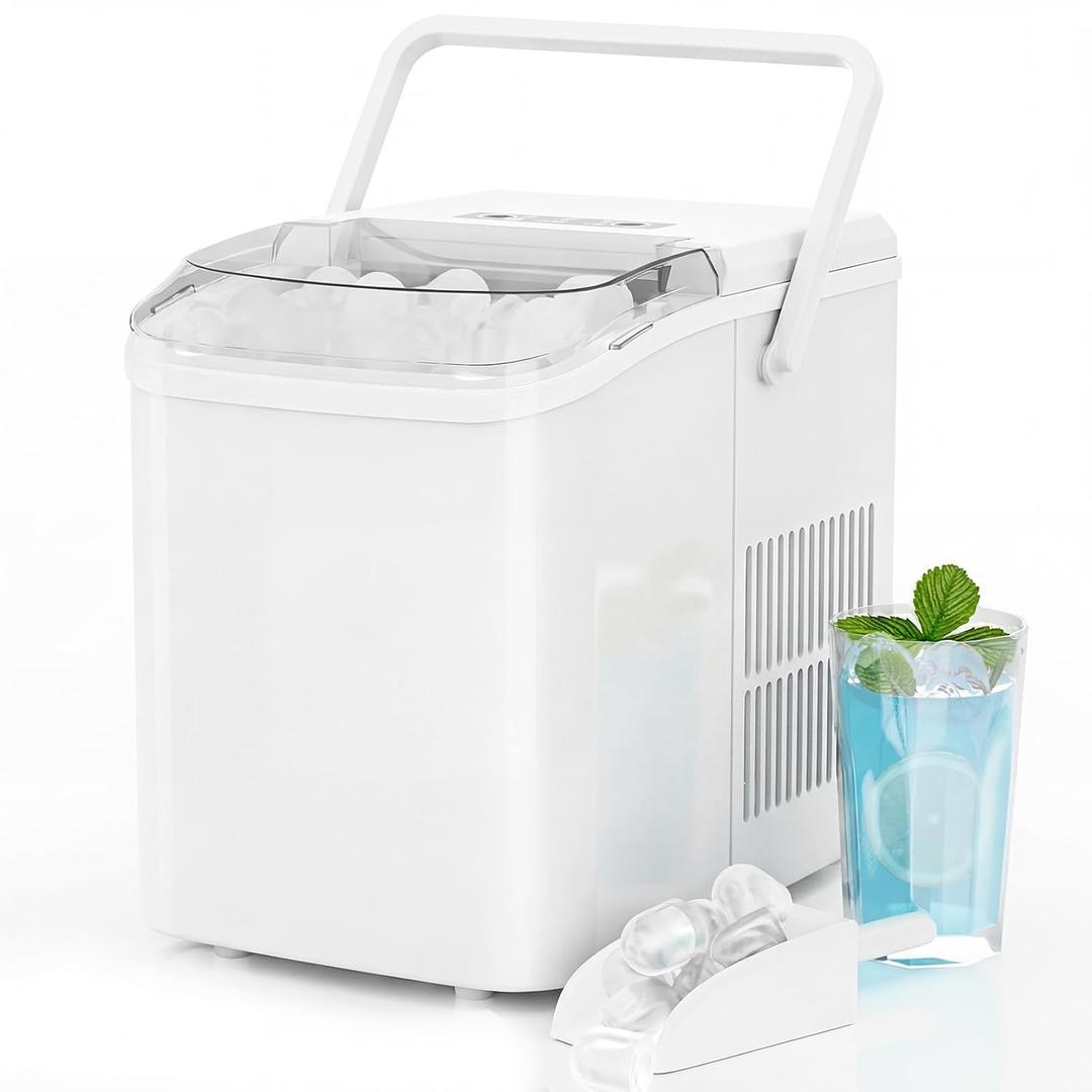 Ice Makers Countertop, Portable Ice Machine with Handle, 6 Mins 9 Bullet Ice Cubes with Basket and Scoop, 26lbs in 24Hrs, Auto-Cleaning, for Home, Kitchen, RV, Camping, White