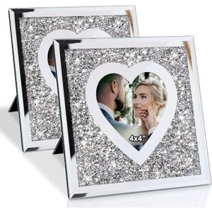 VOHJD Diamond Mirror Photo Frame For Photograph 4x4 inch Heart Shaped, Silver Crushed Diamond Glass Picture Frame, Decorative Frames, Tabletop Stand & Wall Hang Display, bling Home Decor
