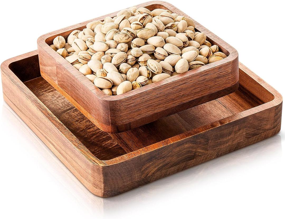 Qinyoung 1 Pcs Acacia Wood Pistachio Snack Bowl with Shell Storage Double Dish Holder Nut Bowl Pedestal for Sunflower Seeds and Snack