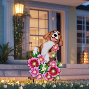 WONDER GARDEN Decorative Garden Stakes - Lighted Dog and Flower Yard Sign Stakes Spring Signs for Outdoor, Porch, Yard,Flower Bed Decor (Battery Operated) (pink)